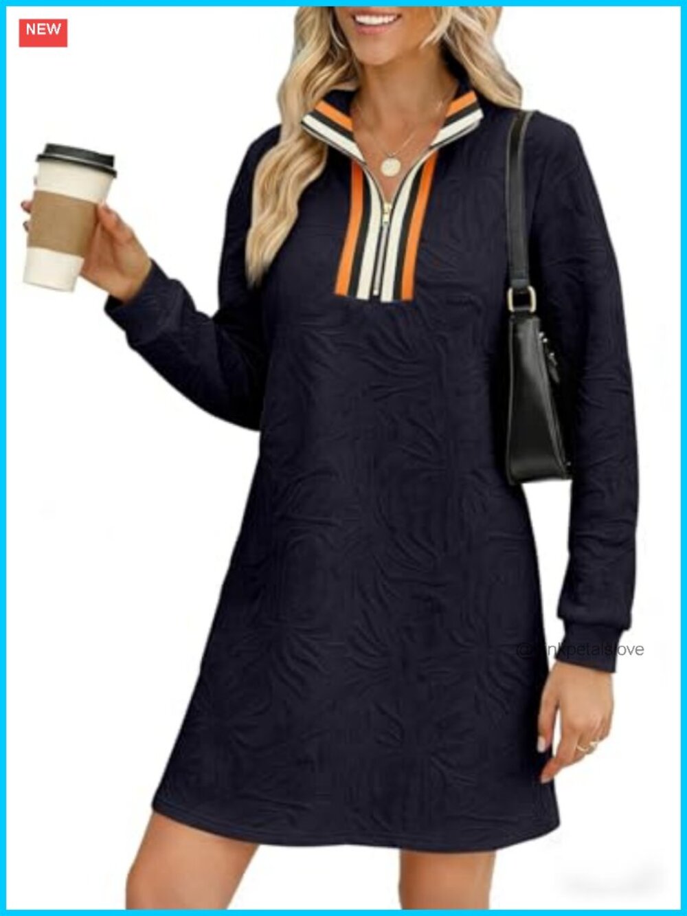 Half Zip Sweatshirt Dress Mini A-Line Jacquard Pullover Long Sleeve